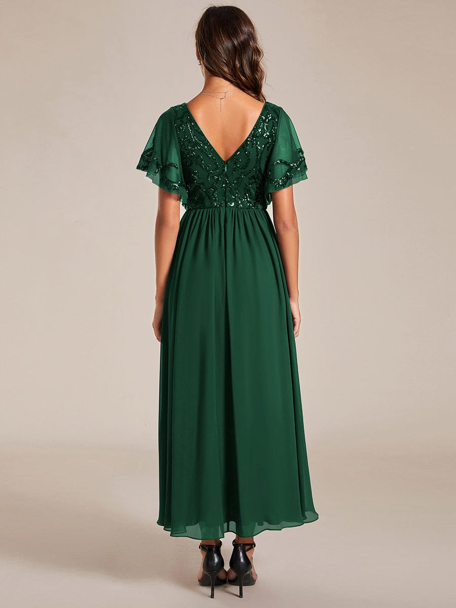 Short Sleeve V-Neck Sequin Chiffon A-Line Mother of the Bride Dress #Color_Dark Green