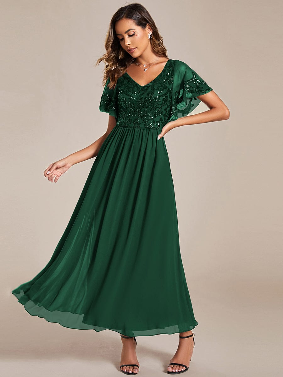 Short Sleeve V-Neck Sequin Chiffon A-Line Mother of the Bride Dress #Color_Dark Green