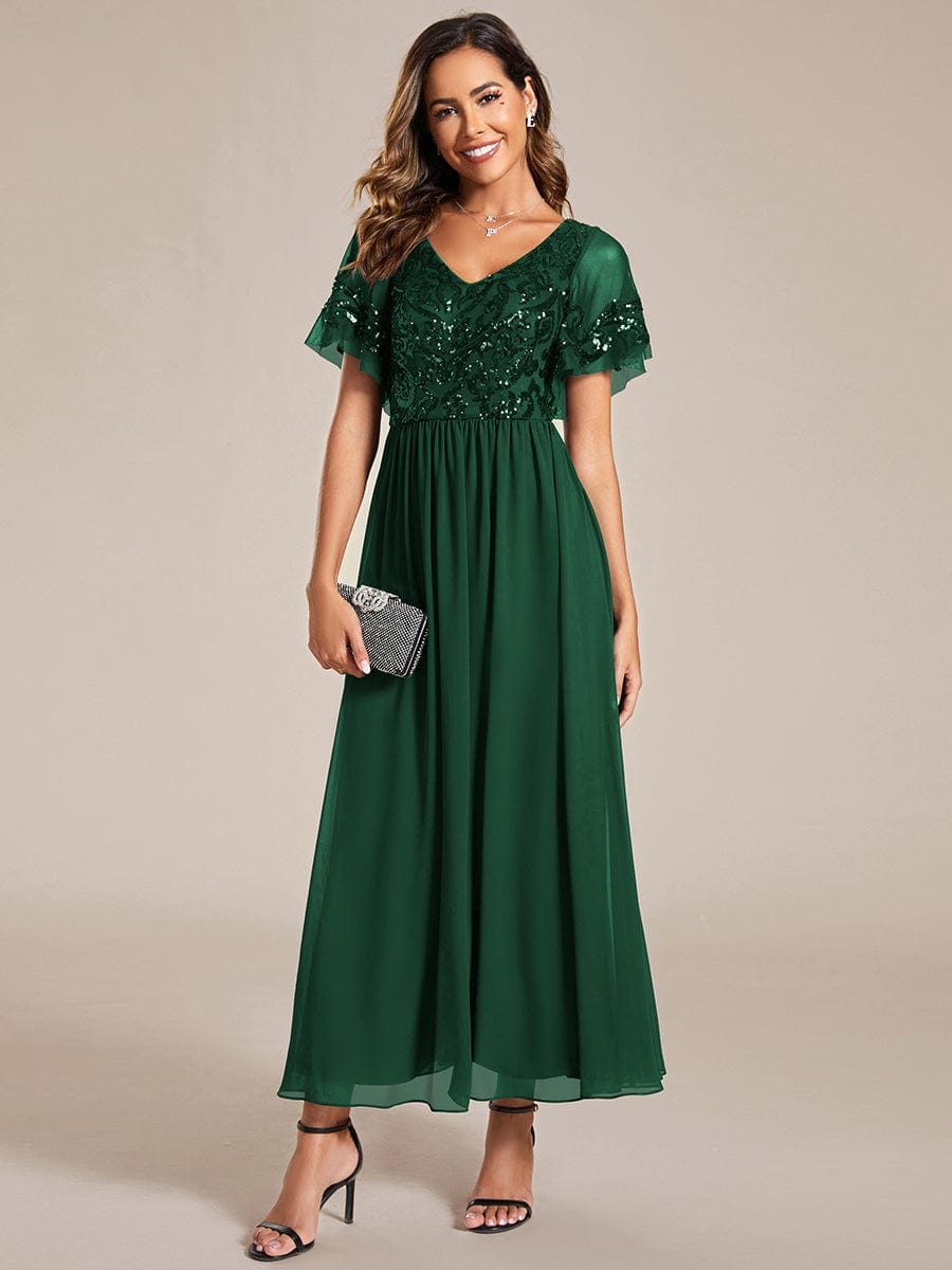 Short Sleeve V-Neck Sequin Chiffon A-Line Mother of the Bride Dress #Color_Dark Green