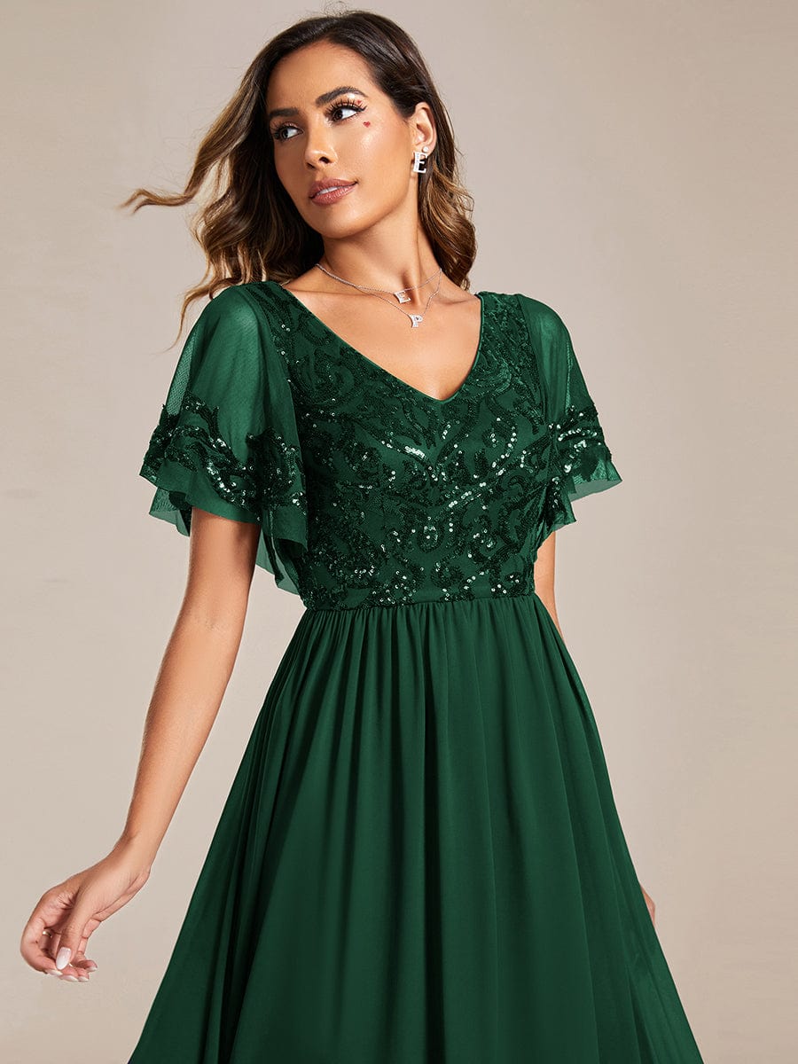 Short Sleeve V-Neck Sequin Chiffon A-Line Mother of the Bride Dress #Color_Dark Green