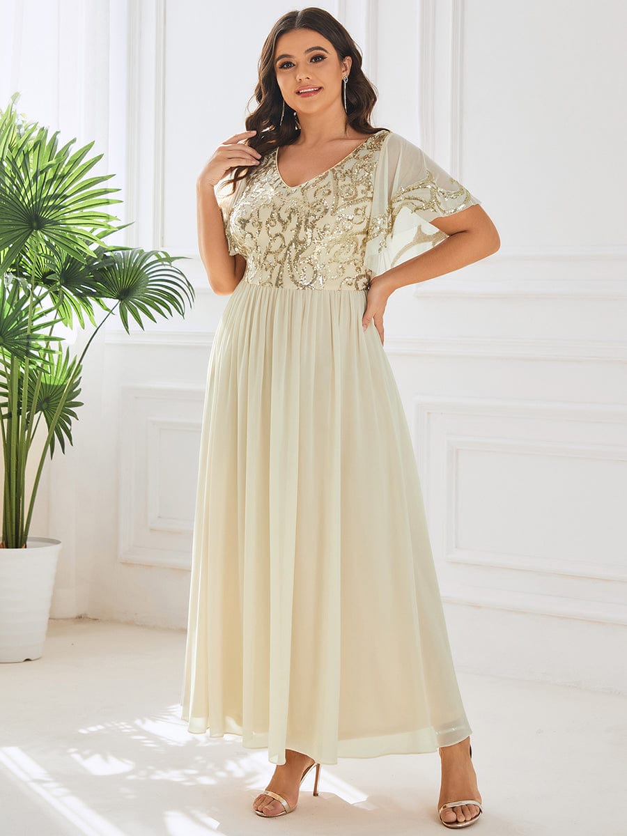 Plus Size V-Neck Short Sleeve Sequin Bodice Mother of the Bride Dress #Color_Gold