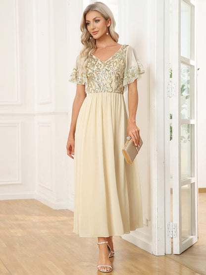 Short Sleeve V-Neck Sequin Chiffon A-Line Mother of the Bride Dress #Color_Gold