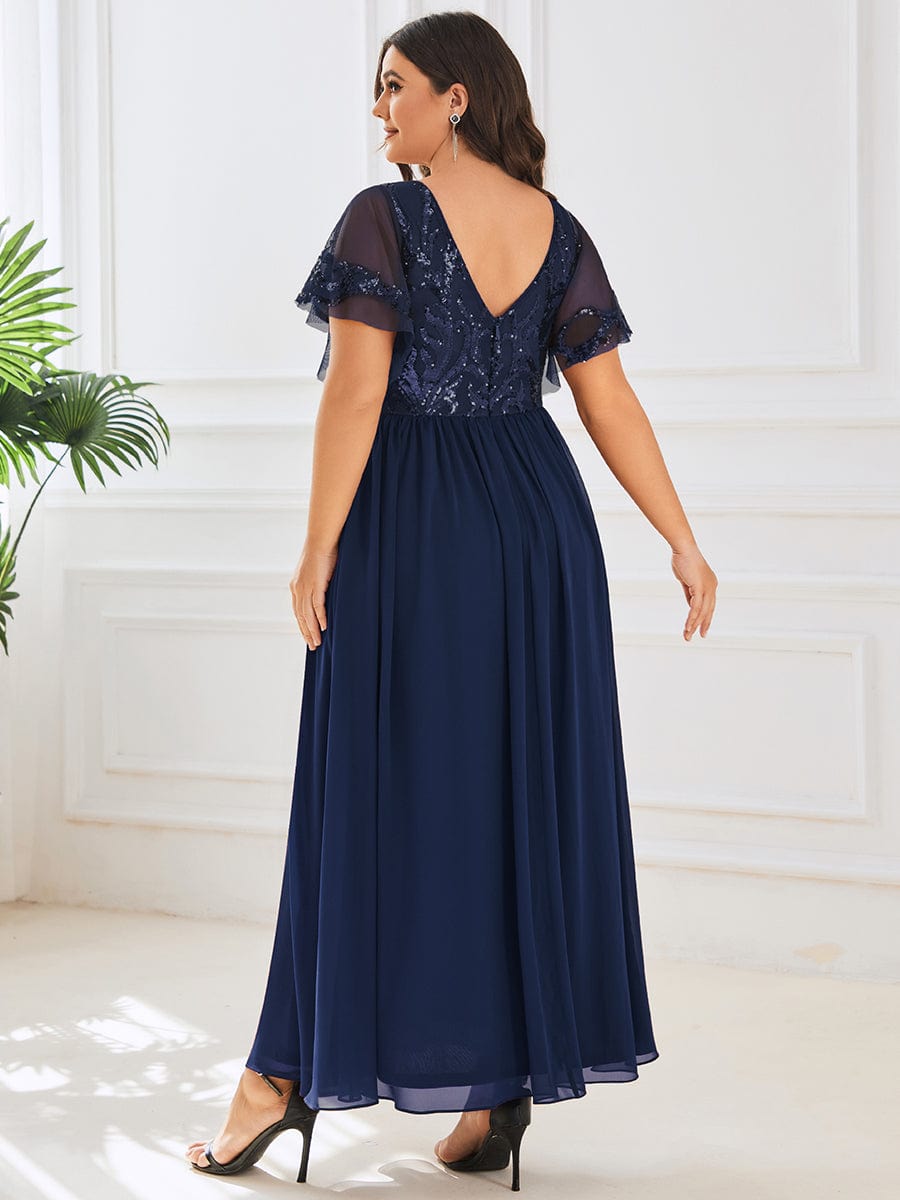 Short Sleeve V-Neck Sequin Chiffon A-Line Mother of the Bride Dress #Color_Navy Blue