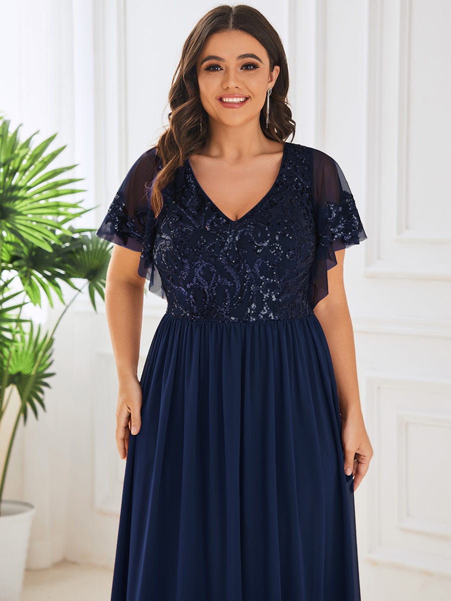 Custom Size V-Neck Short Sleeve Sequin Bodice Mother of the Bride Dress #Color_Navy Blue