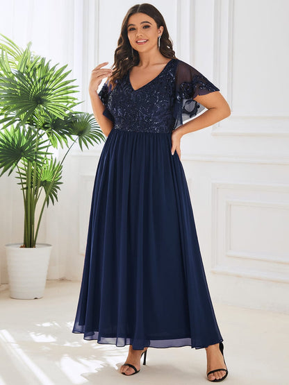 Short Sleeve V-Neck Sequin Chiffon A-Line Mother of the Bride Dress #Color_Navy Blue