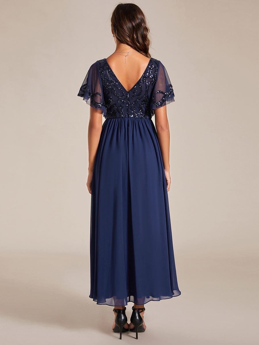 Short Sleeve V-Neck Sequin Chiffon A-Line Mother of the Bride Dress #Color_Navy Blue