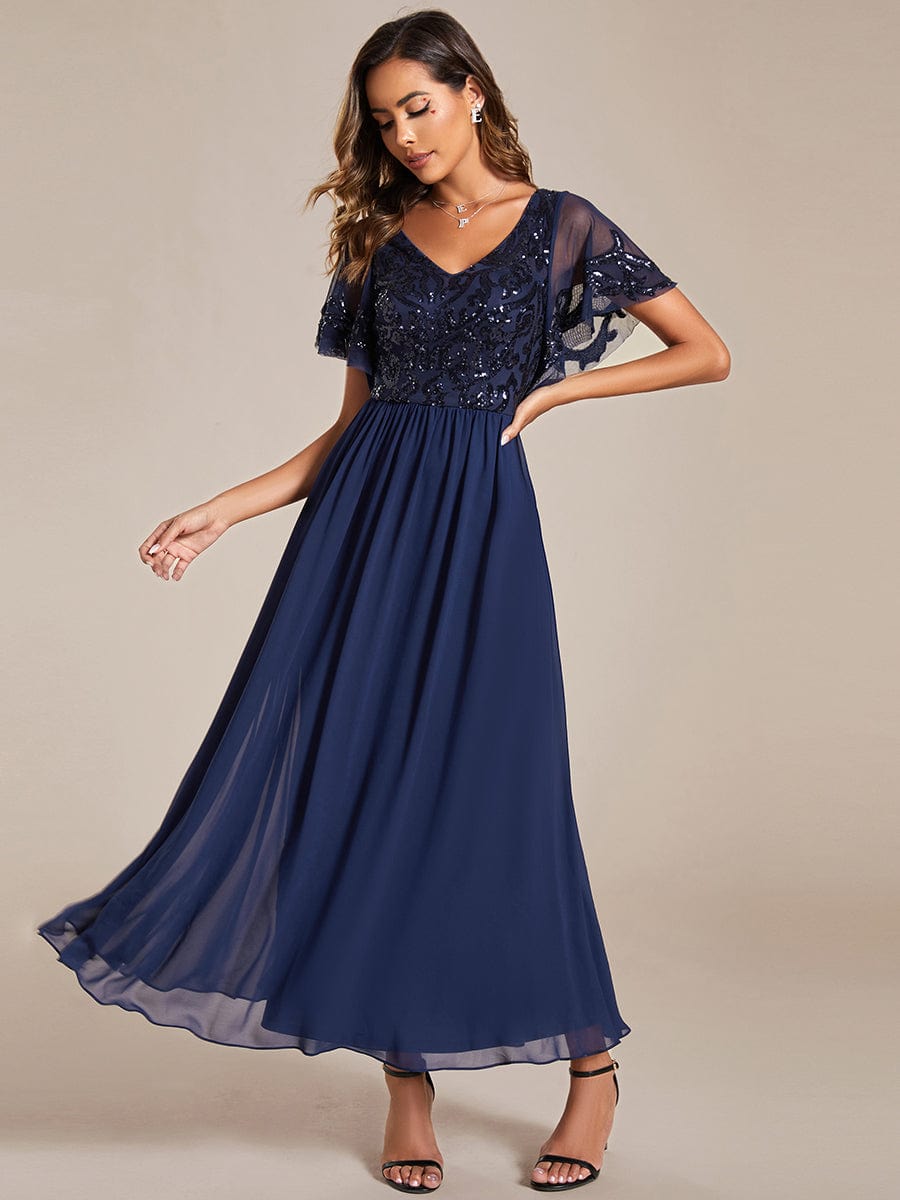 Short Sleeve V-Neck Sequin Chiffon A-Line Mother of the Bride Dress #Color_Navy Blue