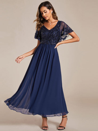 Short Sleeve V-Neck Sequin Chiffon A-Line Mother of the Bride Dress #Color_Navy Blue