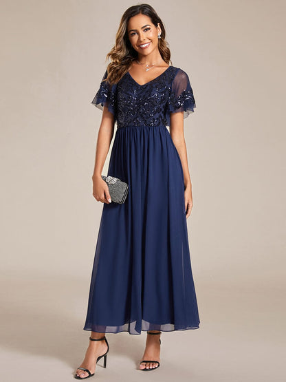 Short Sleeve V-Neck Sequin Chiffon A-Line Mother of the Bride Dress #Color_Navy Blue