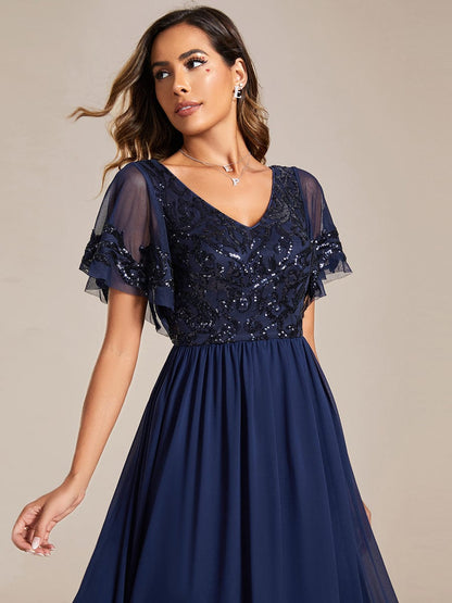 Short Sleeve V-Neck Sequin Chiffon A-Line Mother of the Bride Dress #Color_Navy Blue