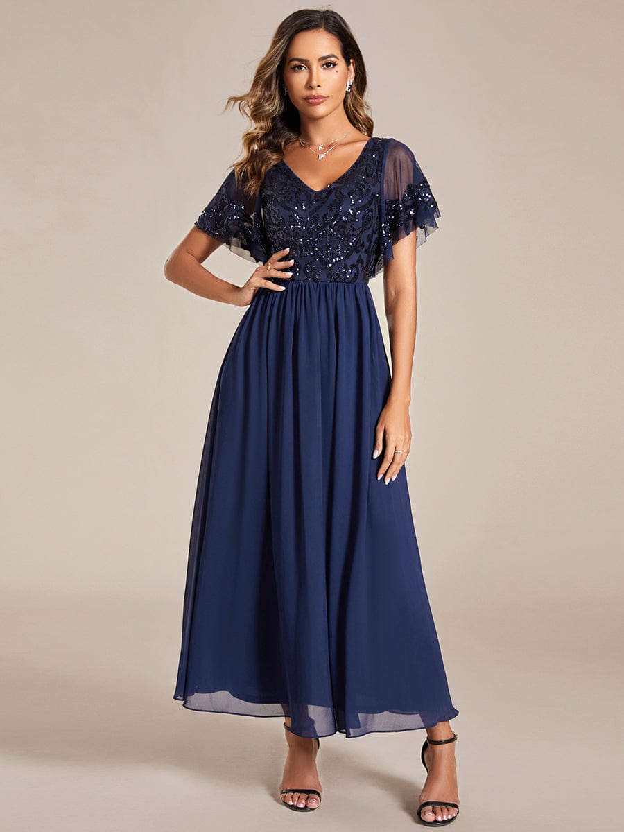 Short Sleeve V-Neck Sequin Chiffon A-Line Mother of the Bride Dress