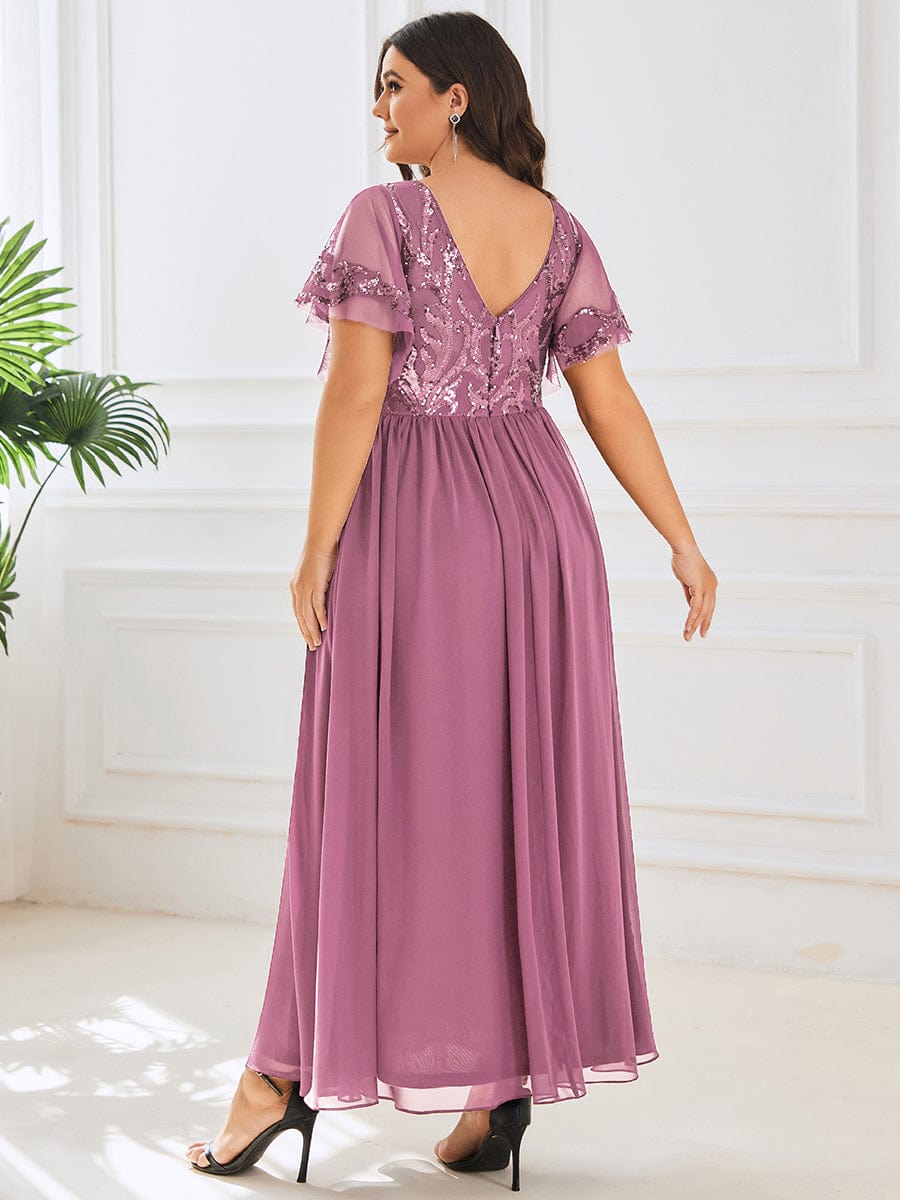 Plus Size V-Neck Short Sleeve Sequin Bodice Mother of the Bride Dress #Color_Purple Orchid