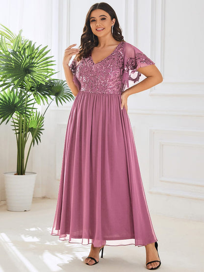 Short Sleeve V-Neck Sequin Chiffon A-Line Mother of the Bride Dress #Color_Purple Orchid