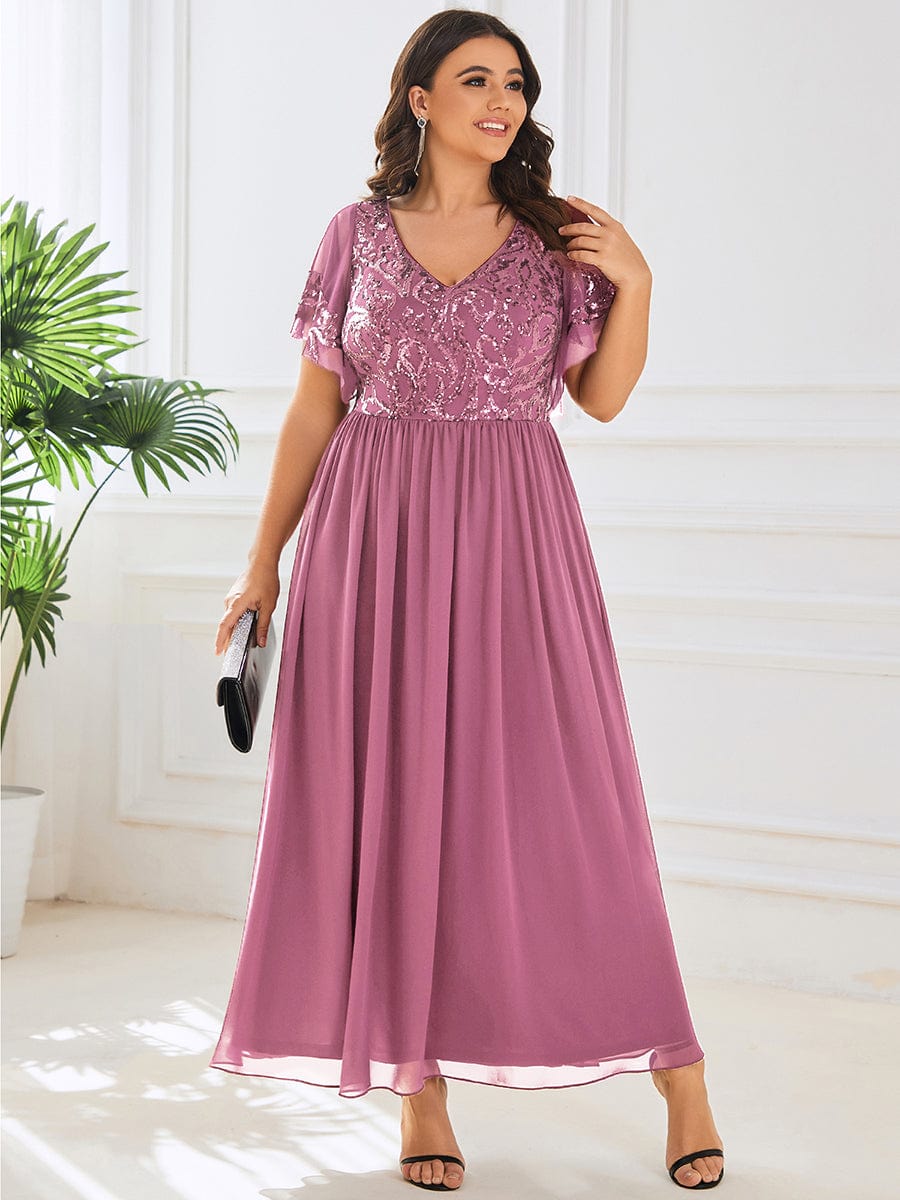 Plus Size V-Neck Short Sleeve Sequin Bodice Mother of the Bride Dress #Color_Purple Orchid