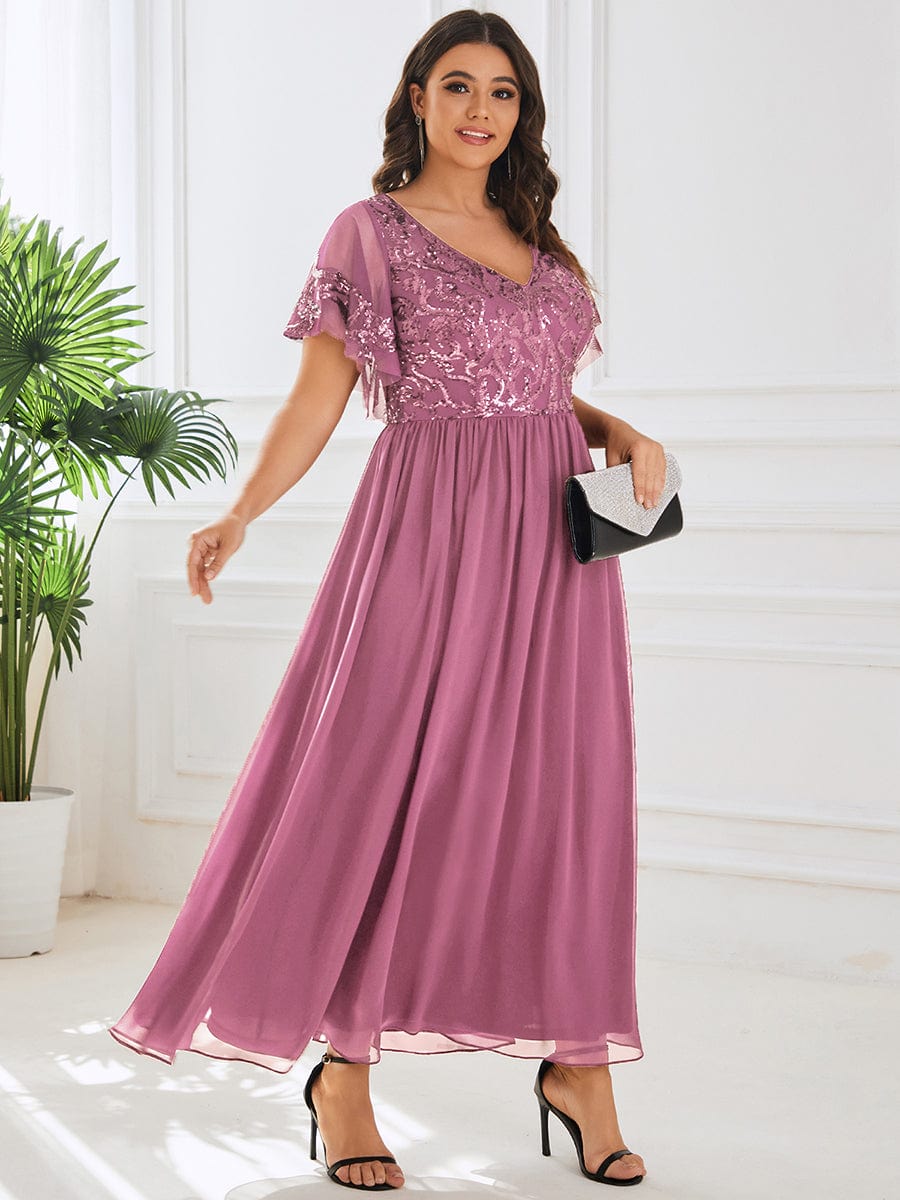 Plus Size V-Neck Short Sleeve Sequin Bodice Mother of the Bride Dress #Color_Purple Orchid