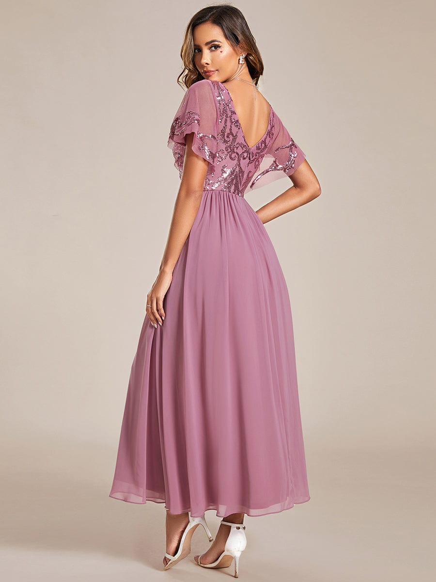 Short Sleeve V-Neck Sequin Chiffon A-Line Mother of the Bride Dress #Color_Purple Orchid