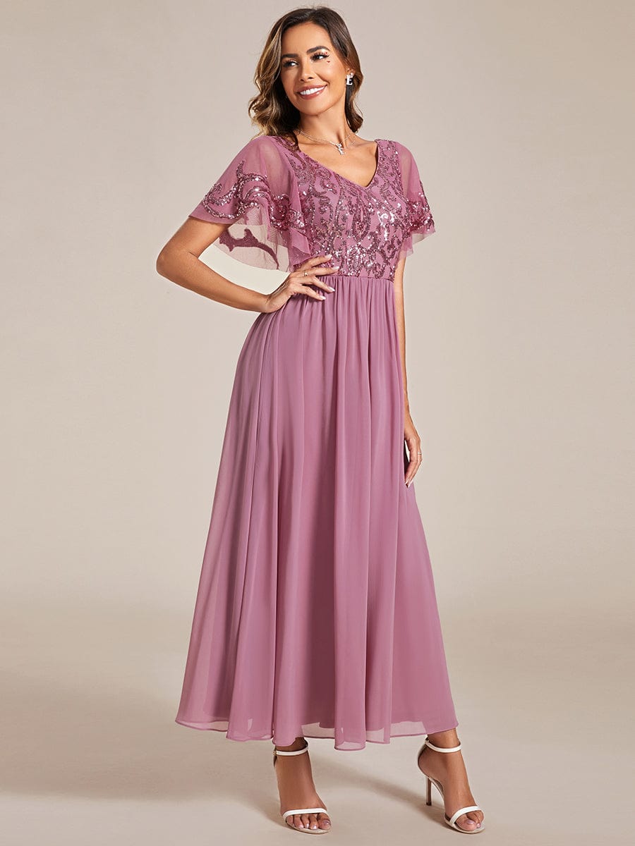 Short Sleeve V-Neck Sequin Chiffon A-Line Mother of the Bride Dress #Color_Purple Orchid