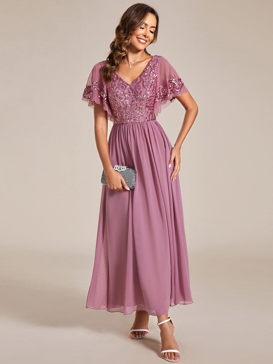 Short Sleeve V-Neck Sequin Chiffon A-Line Mother of the Bride Dress #Color_Purple Orchid