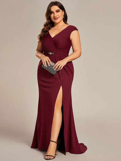 Plus Size Elegant V-neck Glitter Sequin Front Slit Mother of the Bride Dress #color_Burgundy