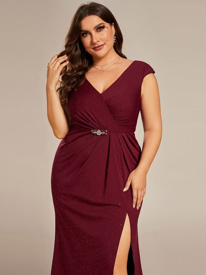 Plus Size Elegant V-neck Glitter Sequin Front Slit Mother of the Bride Dress #color_Burgundy