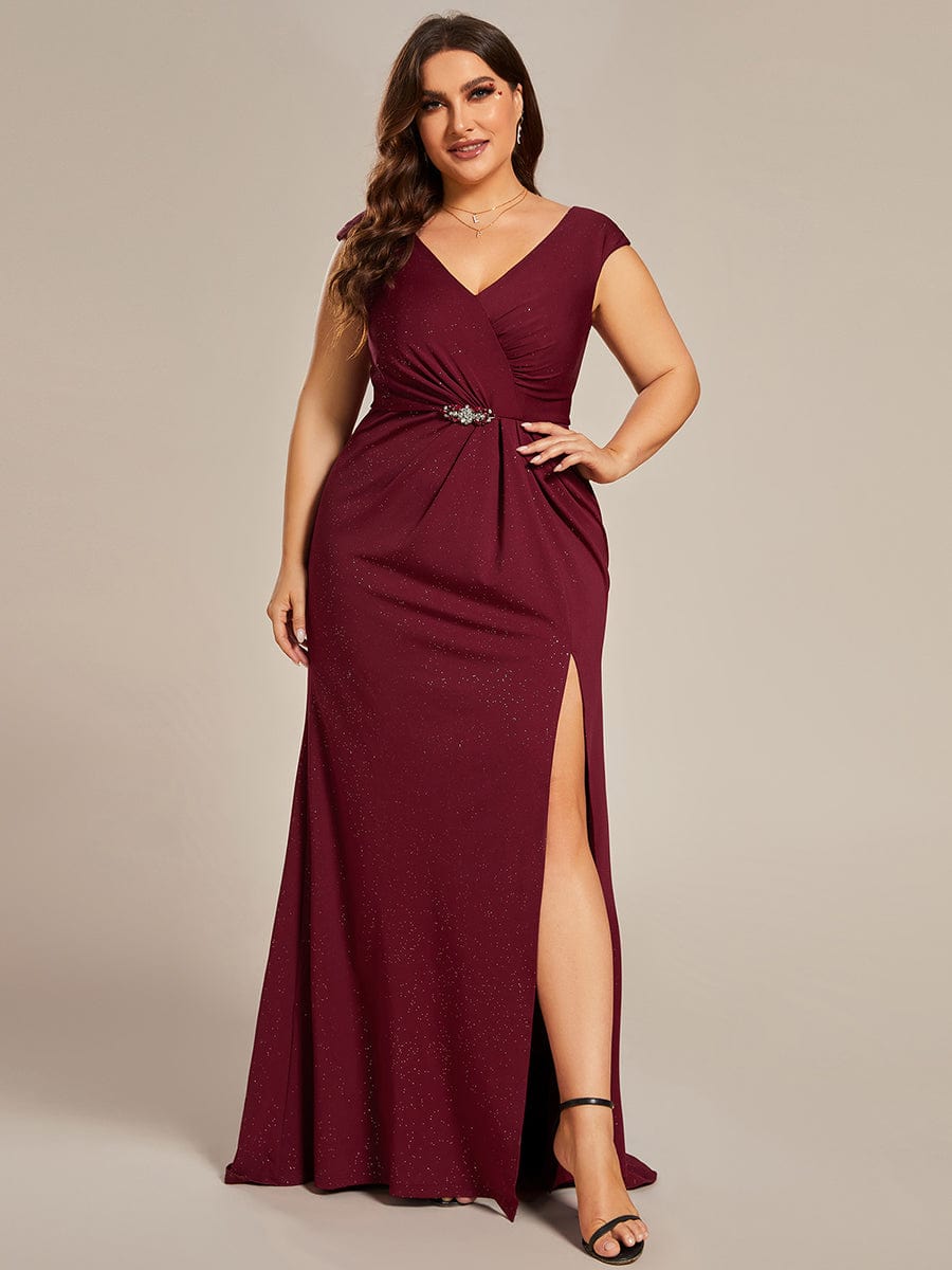 Plus Size Elegant V-neck Glitter Sequin Front Slit Mother of the Bride Dress #color_Burgundy