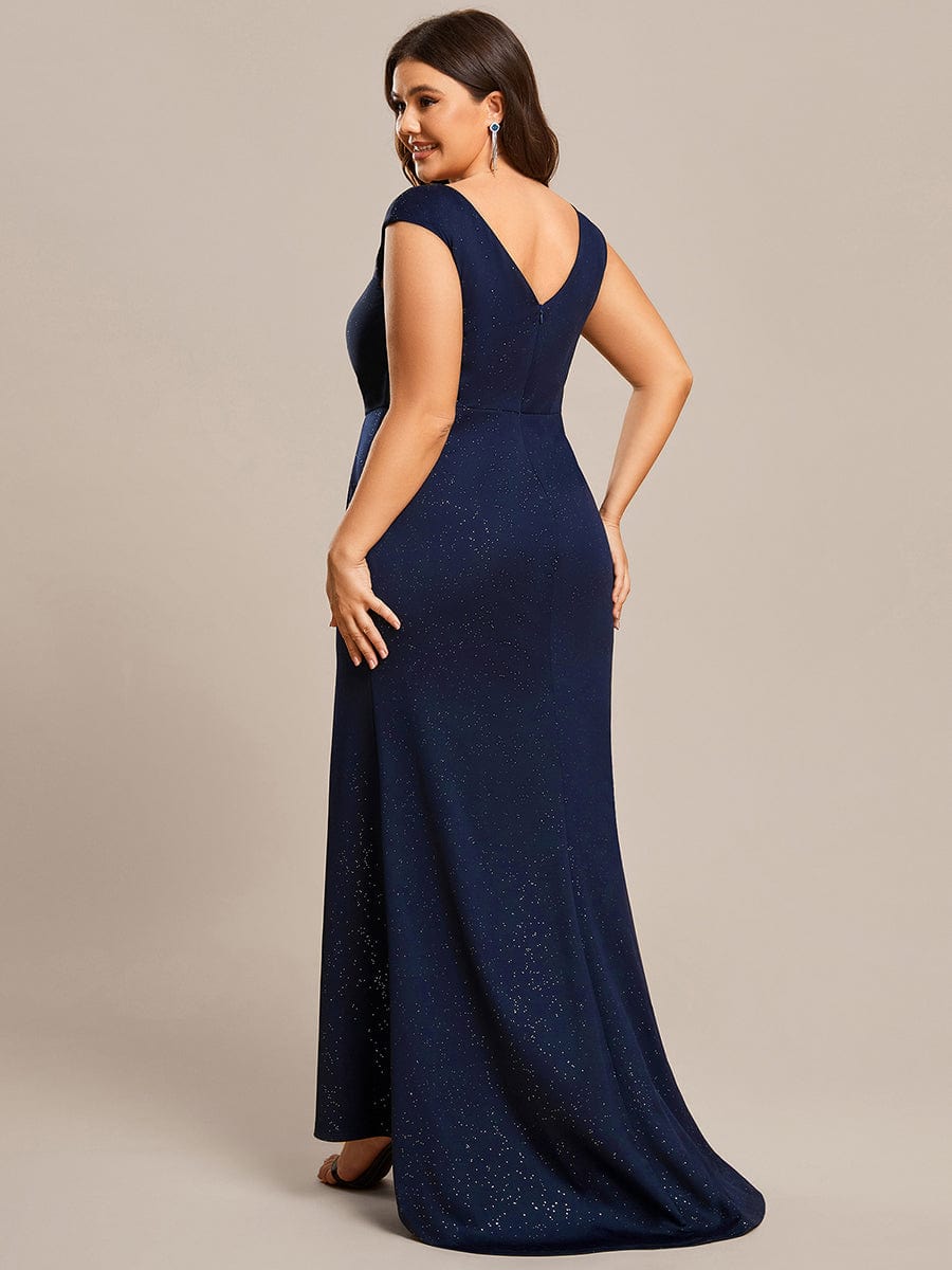 Plus Size Elegant V-neck Glitter Sequin Front Slit Mother of the Bride Dress #color_Navy Blue