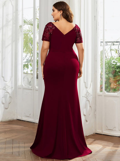 Custom Size Front Slit Short Sleeve With Sequin Mother of the Bride Dress #Color_Burgundy