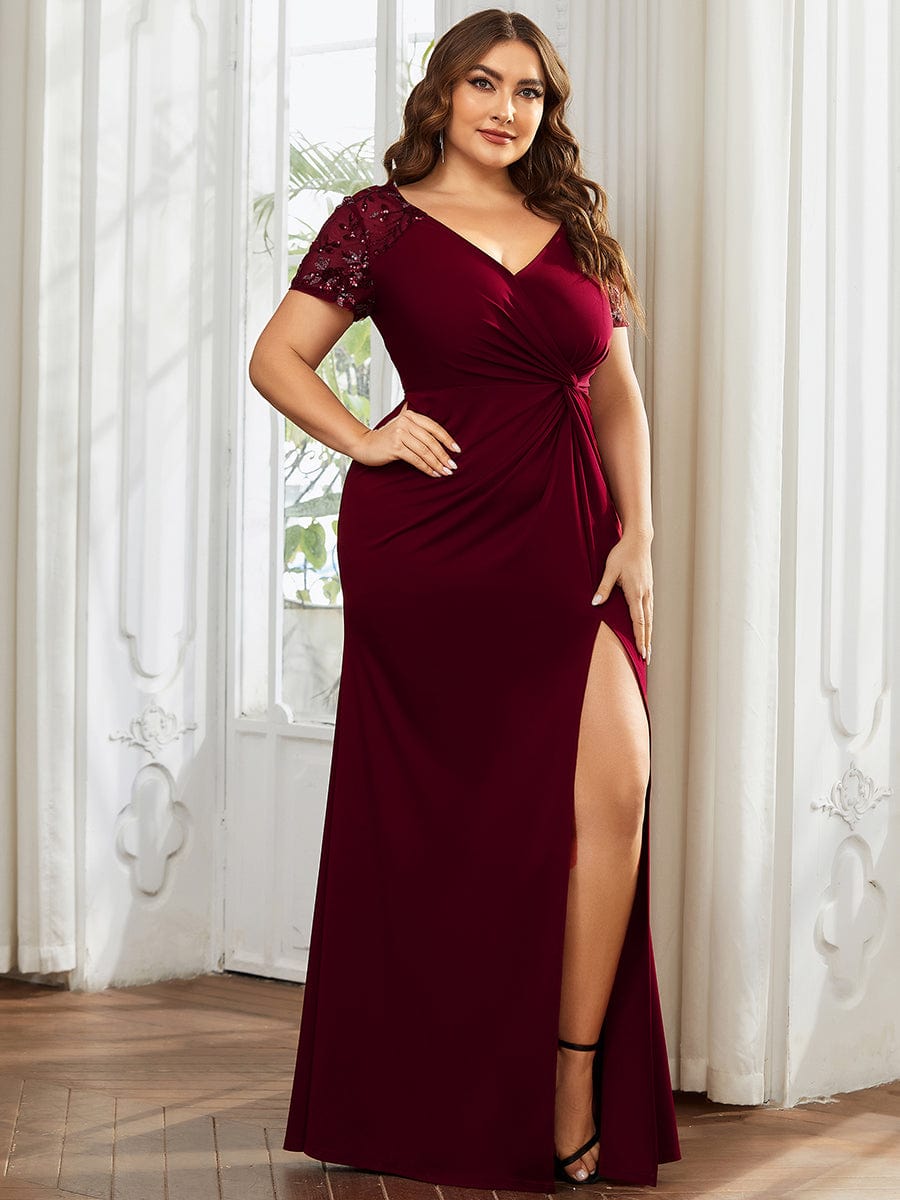 Plus Size Front Slit Short Sleeve With Sequin Mother of the Bride Dress #Color_Burgundy