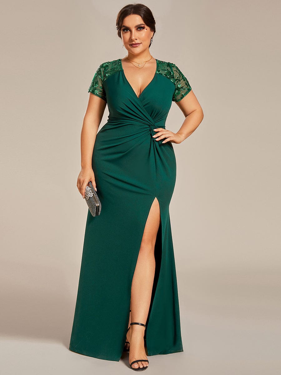 Deep V-Neck Sequin Short Sleeve High Side Front Slit Mother of the Bride Dress #Color_Dark Green