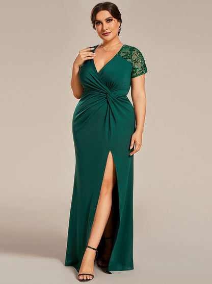 Custom Size Front Slit Short Sleeve With Sequin Mother of the Bride Dress #Color_Dark Green