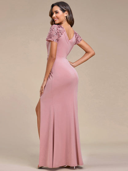 Deep V-Neck Sequin Short Sleeve High Side Front Slit Mother of the Bride Dress #Color_Dusty Rose