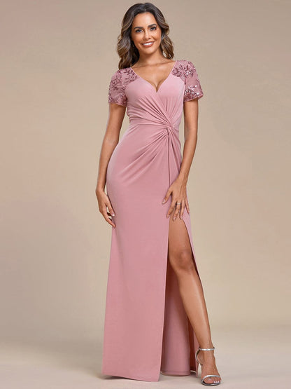 Deep V-Neck Sequin Short Sleeve High Side Front Slit Mother of the Bride Dress #Color_Dusty Rose