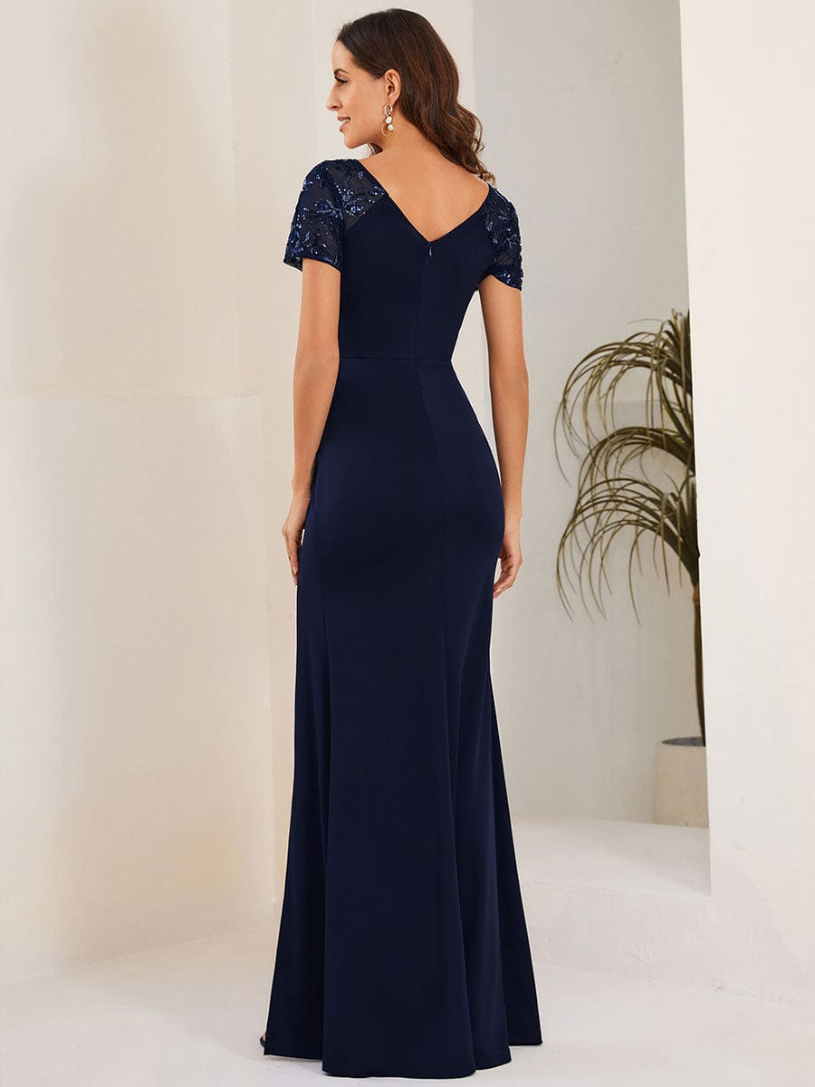 Deep V-Neck Sequin Short Sleeve High Side Front Slit Mother of the Bride Dress #Color_Navy Blue