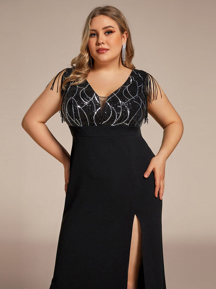 Plus Size V-Neck Front Slit Sleeveless with Tassel Mother of the Bride Dress #color_Black