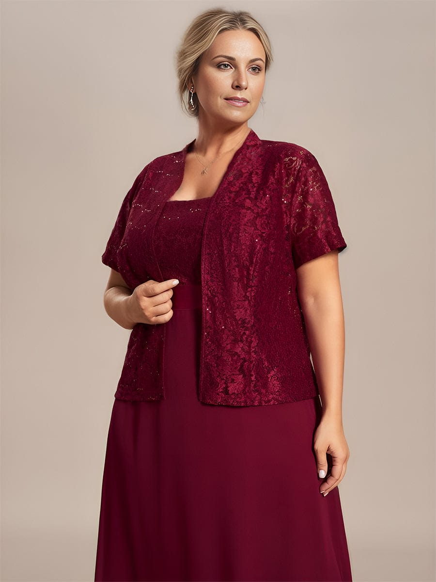 Plus Size Square Neckline A-Line Chiffon Mother of the Bride Dress with Lace Cardigan #color_Burgundy