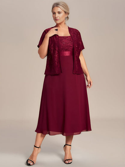 Plus Size Square Neckline A-Line Chiffon Mother of the Bride Dress with Lace Cardigan #color_Burgundy