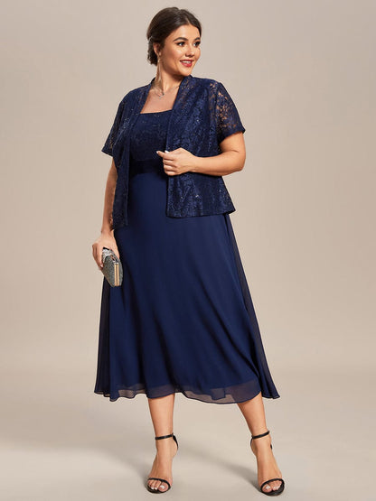 Plus Size Square Neckline A-Line Chiffon Mother of the Bride Dress with Lace Cardigan #color_Navy Blue