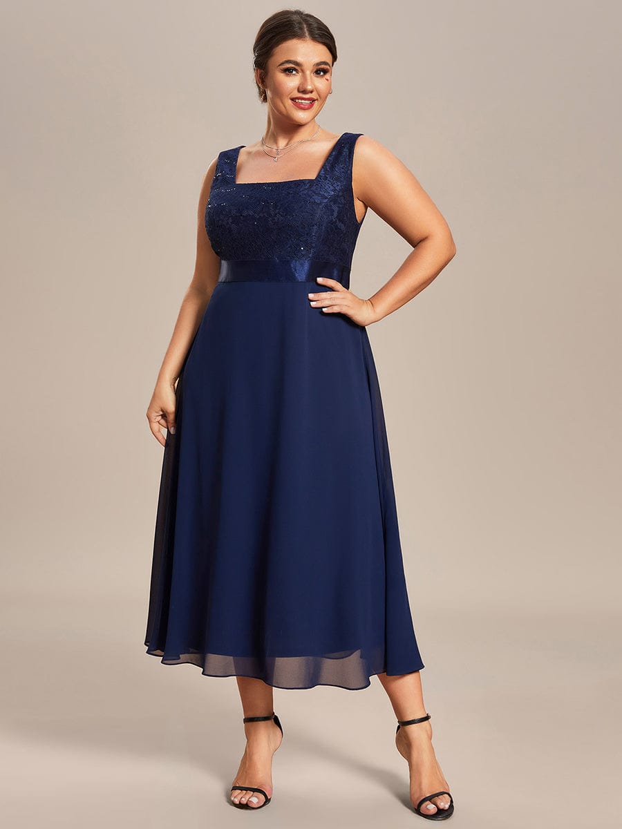 Plus Size Square Neckline A-Line Chiffon Mother of the Bride Dress with Lace Cardigan #color_Navy Blue