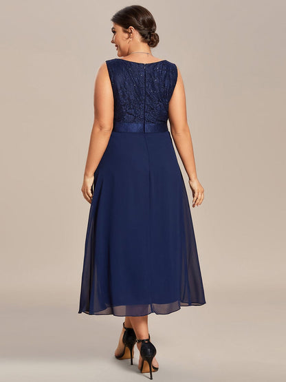 Plus Size Square Neckline A-Line Chiffon Mother of the Bride Dress with Lace Cardigan #color_Navy Blue