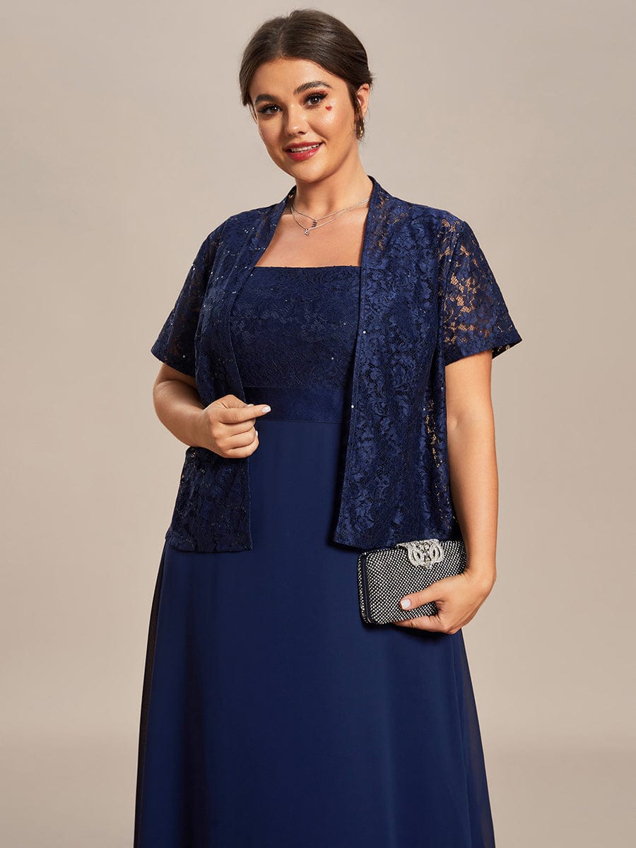 Plus Size Square Neckline A-Line Chiffon Mother of the Bride Dress with Lace Cardigan #color_Navy Blue