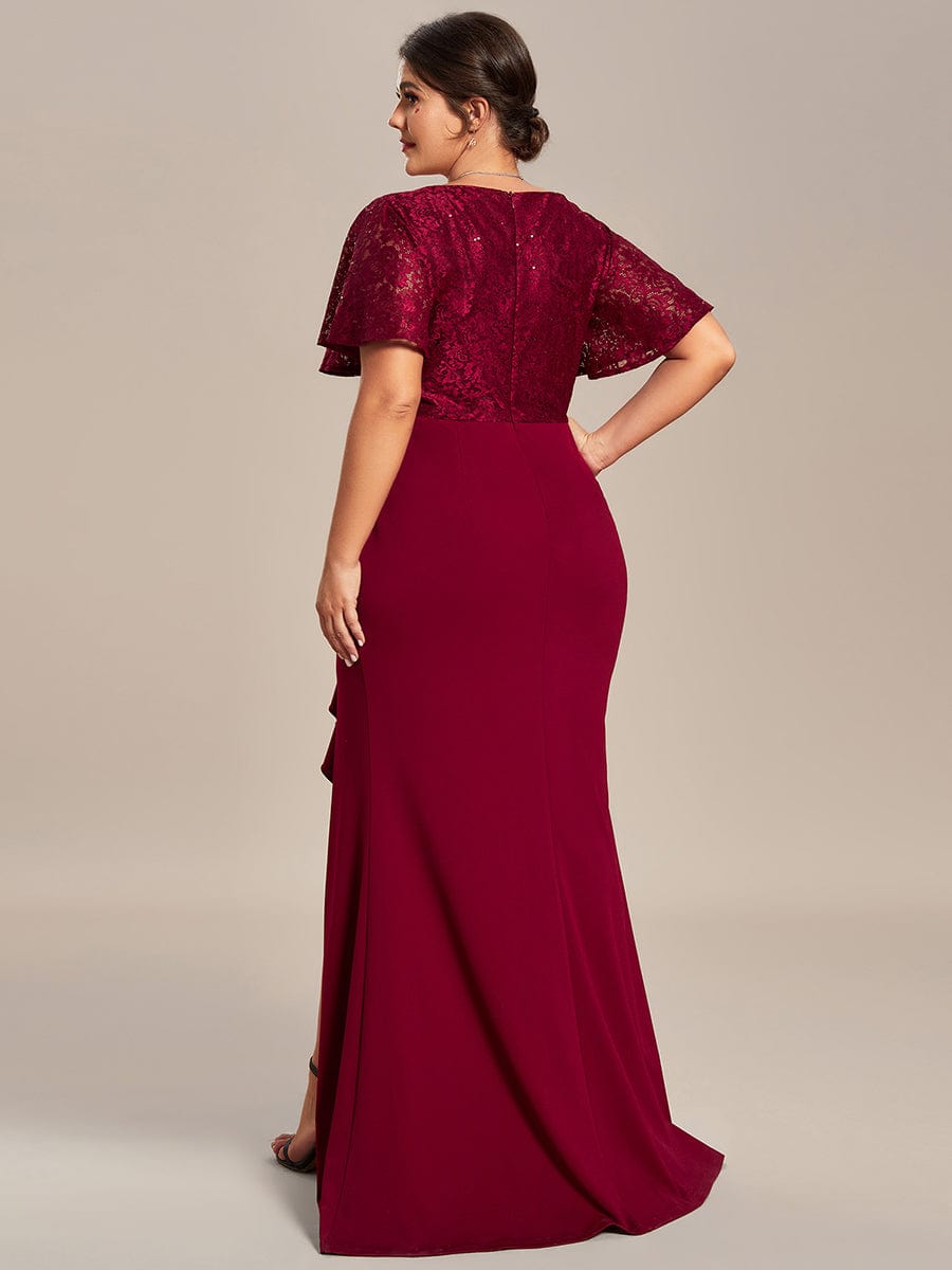 Plus Size Lotus Leaf Hemline Bodycon Lace Top Mother of the Bride Dress #color_Burgundy