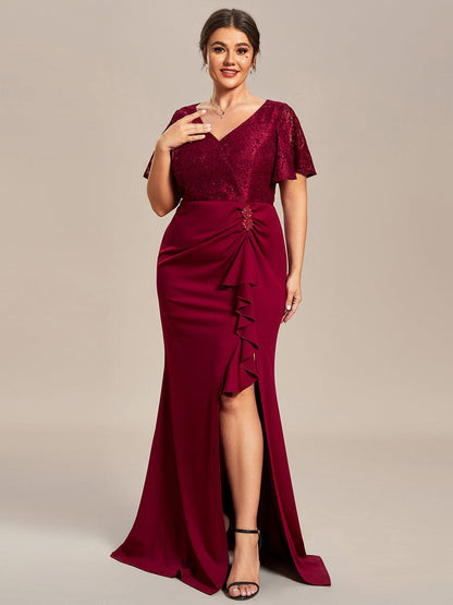 Plus Size Lotus Leaf Hemline Bodycon Lace Top Mother of the Bride Dress #color_Burgundy