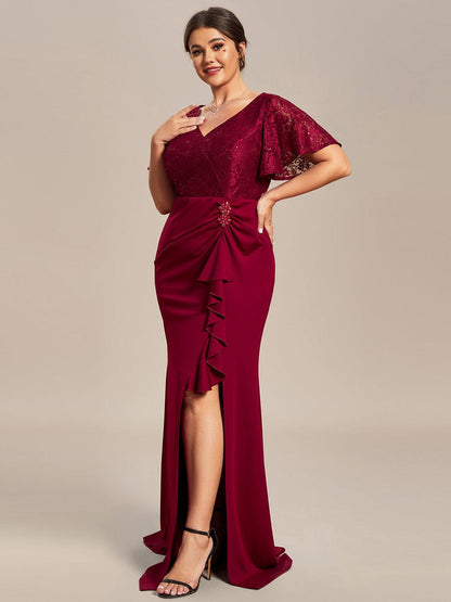 Plus Size Lotus Leaf Hemline Bodycon Lace Top Mother of the Bride Dress #color_Burgundy