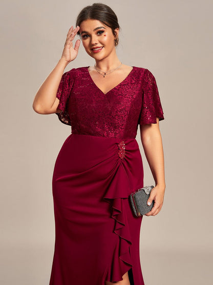 Plus Size Lotus Leaf Hemline Bodycon Lace Top Mother of the Bride Dress #color_Burgundy