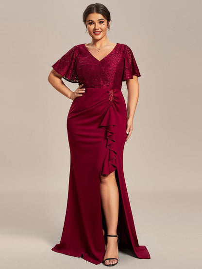 Plus Size Lotus Leaf Hemline Bodycon Lace Top Mother of the Bride Dress #color_Burgundy