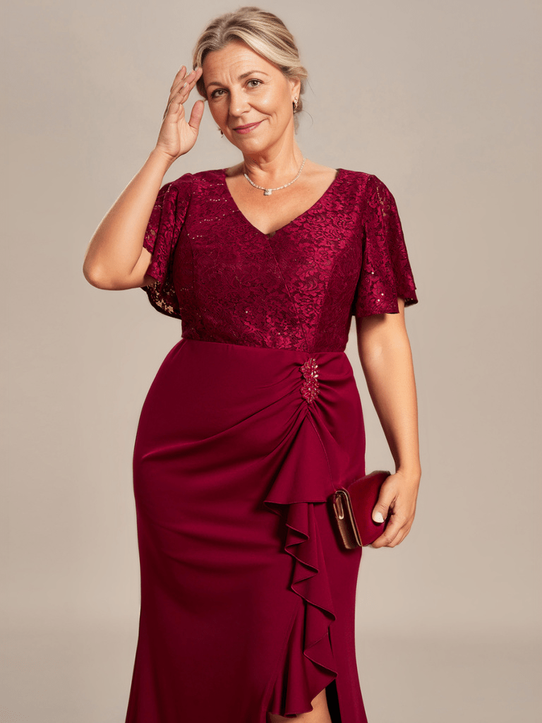 Plus Size Lotus Leaf Hemline Bodycon Lace Top Mother of the Bride Dress #color_Burgundy