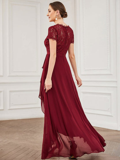 Lace Short Sleeve Ruffle Chiffon Mother of the Bride Dress #color_Burgundy