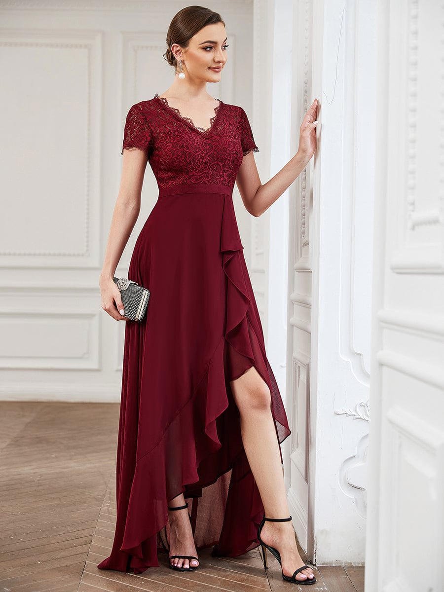 Lace Short Sleeve Ruffle Chiffon Mother of the Bride Dress #color_Burgundy