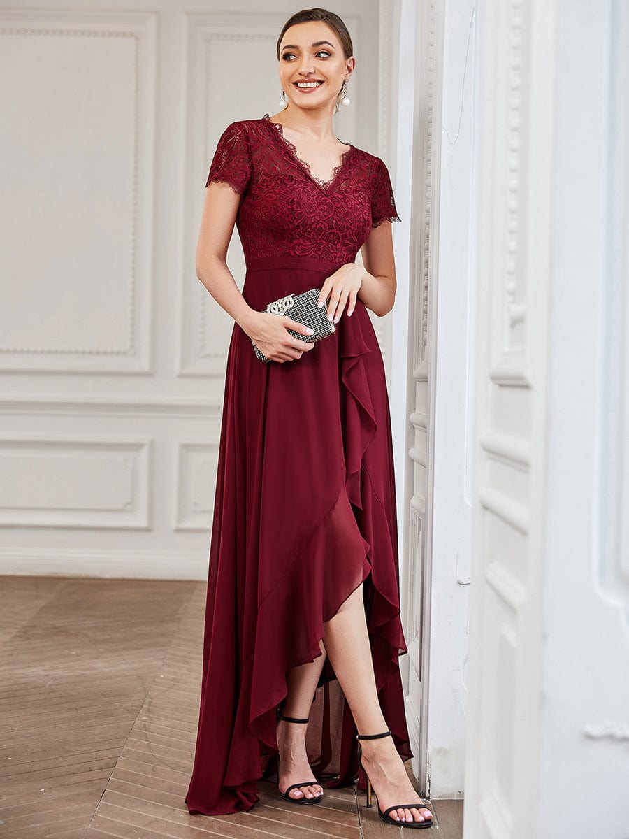 Lace Short Sleeve Ruffle Chiffon Mother of the Bride Dress #color_Burgundy