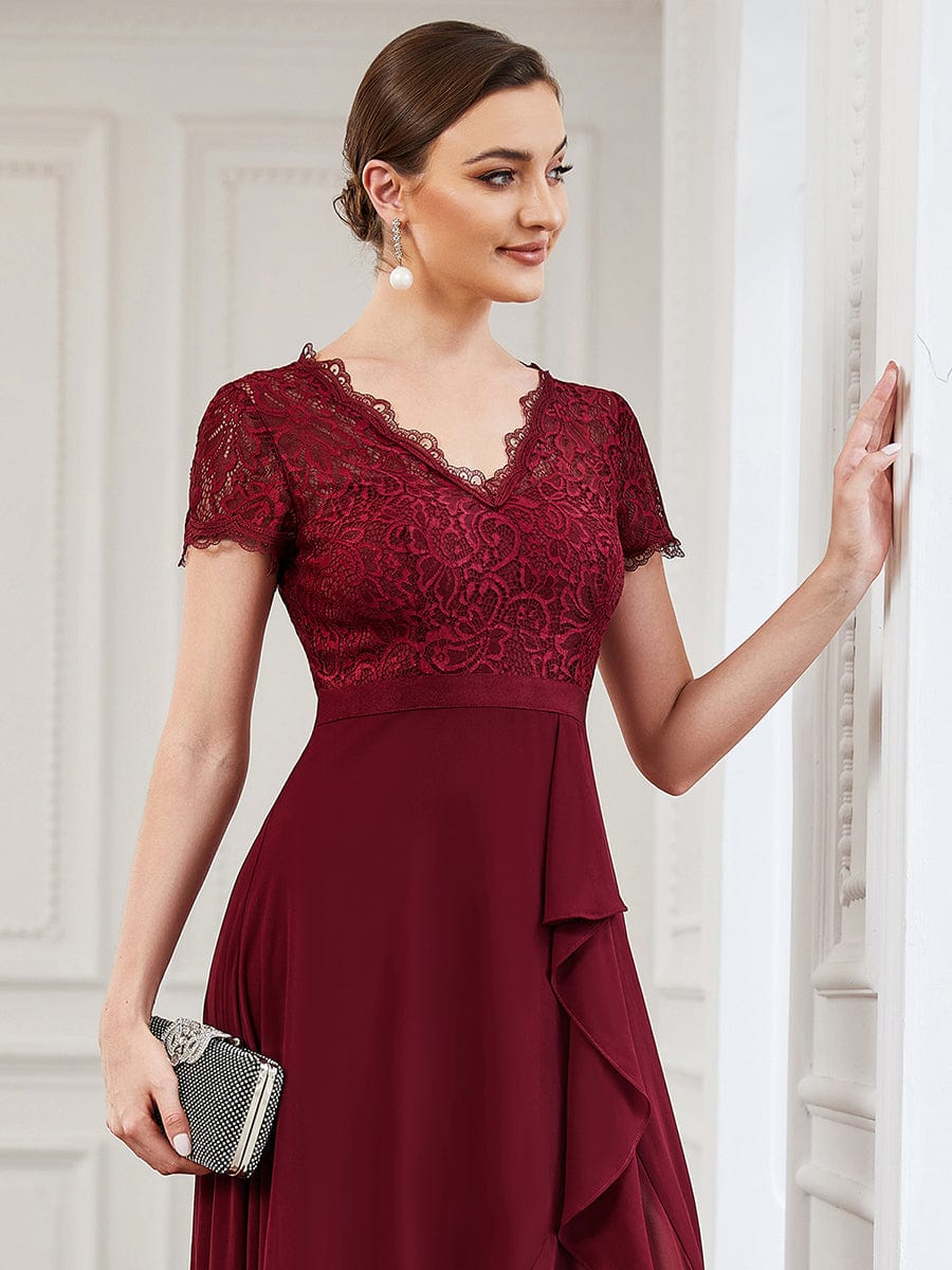 Lace Short Sleeve Ruffle Chiffon Mother of the Bride Dress #color_Burgundy